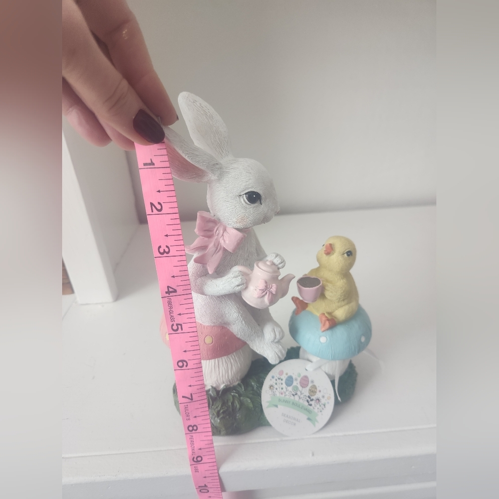 White Rabbit and Yellow Chick Sitting On Mushrooms Having Tea Figurine Resin - Picture 10 of 10